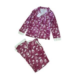 NWT Munki Munki Pink Womens Medium Drawstring Stretch Pajama Set Cats Yarn